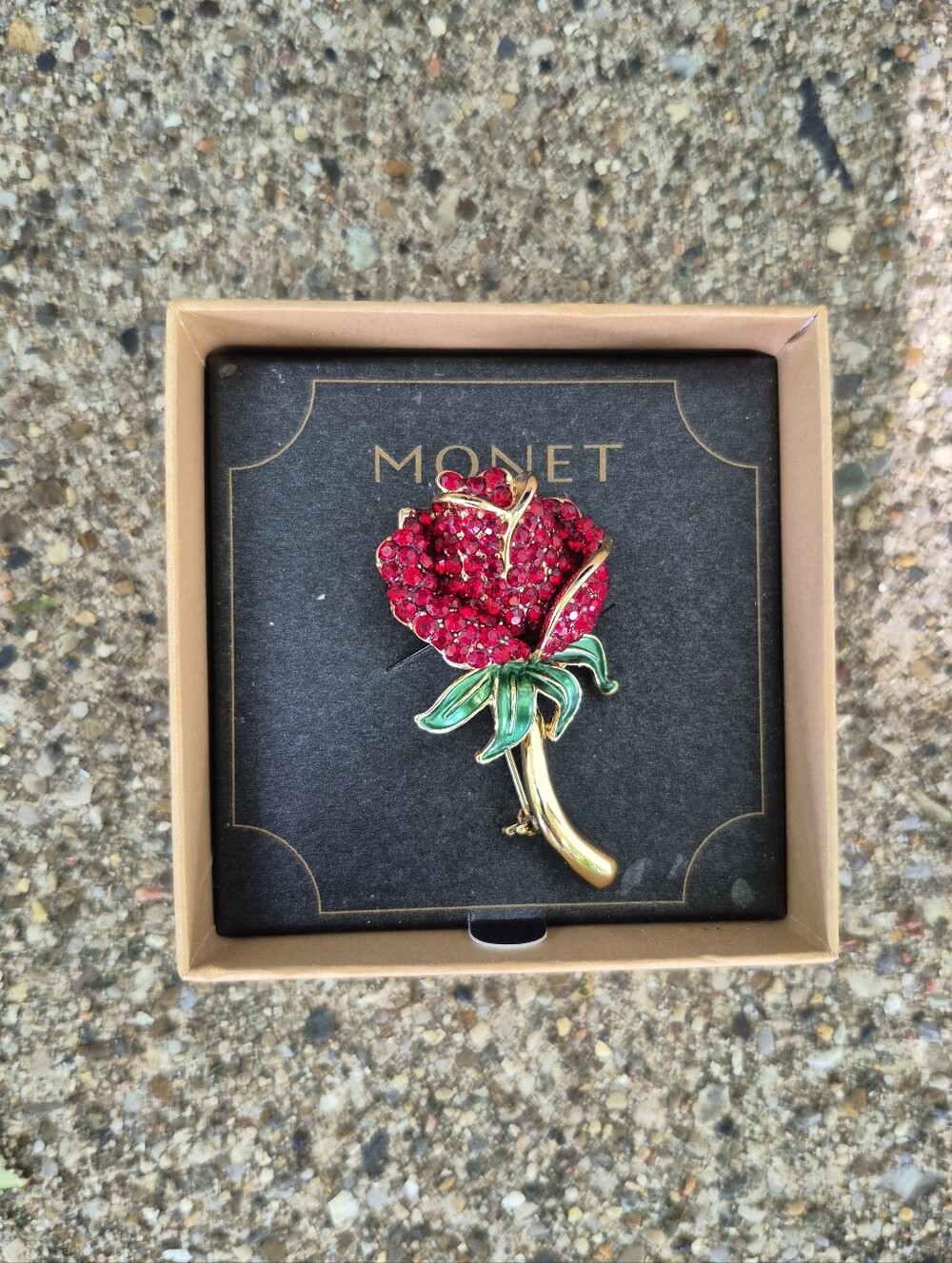 Vintage Monet Red Crystal Rose Brooch - Gold Tone
